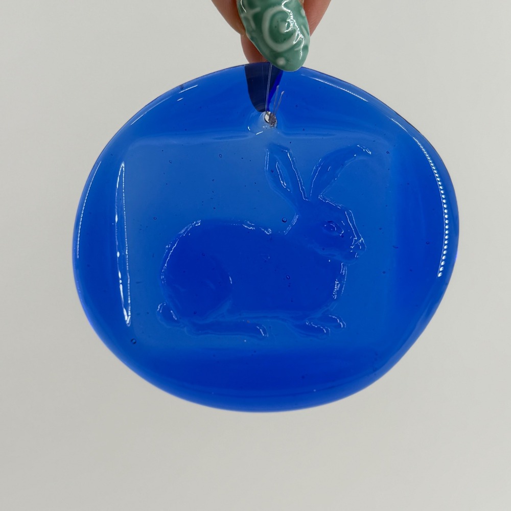 Vintage Cobalt Blue Art Glass Rabbit Suncatcher Bunny Ornament 3 Inch